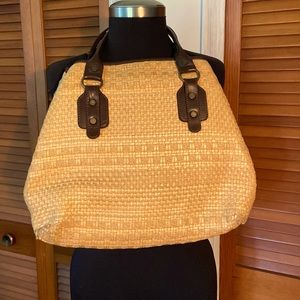 Straw satchel with leather trim